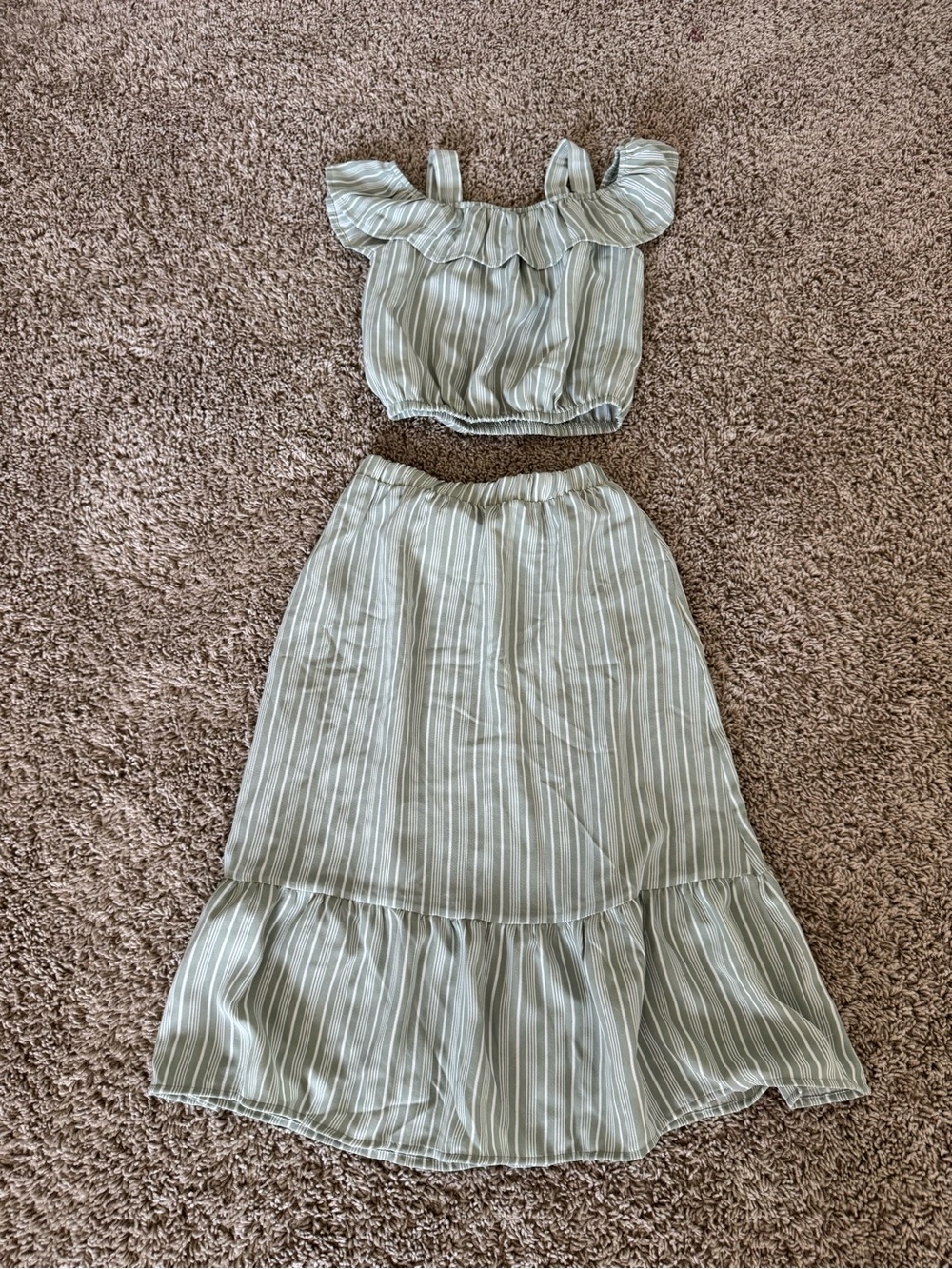 Striped Girls Two-Piece Ruffle Set in Sage Green